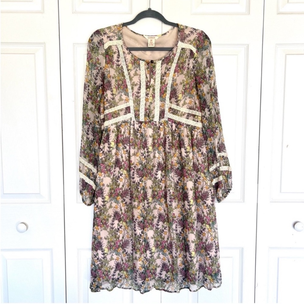 Sundance Floral Boho Prairie Silk midi  Dress long sleeve pockets size XS